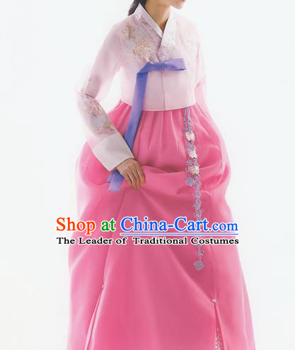 Korean National Handmade Formal Occasions Wedding Bride Clothing Embroidered Pink Blouse and Dress Palace Hanbok Costume for Women