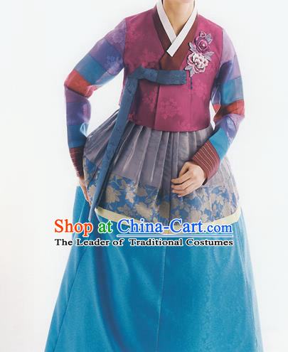 Korean National Handmade Formal Occasions Wedding Bride Clothing Embroidered Wine Red Blouse and Blue Dress Palace Hanbok Costume for Women
