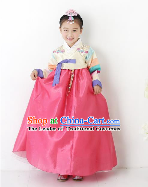 Korean National Handmade Formal Occasions Wedding Bride Clothing Embroidered Beige Blouse and Red Dress Palace Hanbok Costume for Kids