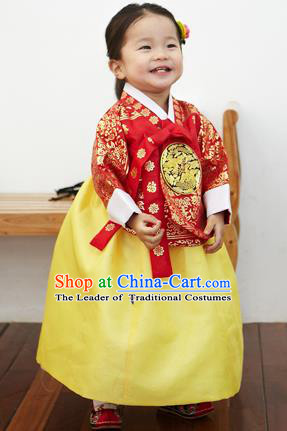 Asian Korean National Handmade Formal Occasions Clothing Embroidered Red Blouse and Yellow Dress Palace Hanbok Costume for Kids