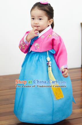 Asian Korean National Handmade Formal Occasions Clothing Embroidered Pink Blouse and Blue Dress Palace Hanbok Costume for Kids