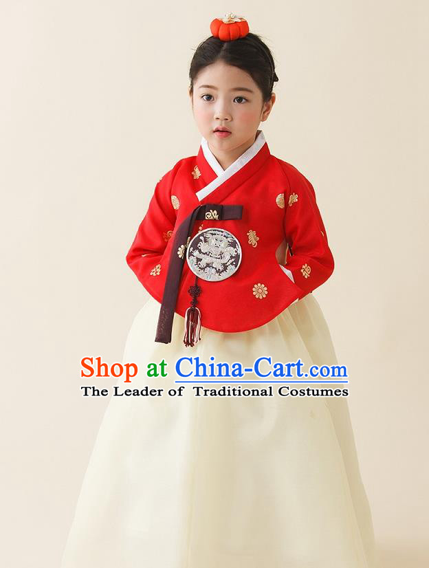 Asian Korean National Handmade Formal Occasions Clothing Embroidered Red Blouse and White Dress Palace Hanbok Costume for Kids