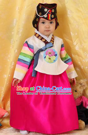 Asian Korean National Handmade Formal Occasions Clothing Embroidered Yellow Blouse and Rosy Dress Palace Hanbok Costume for Kids