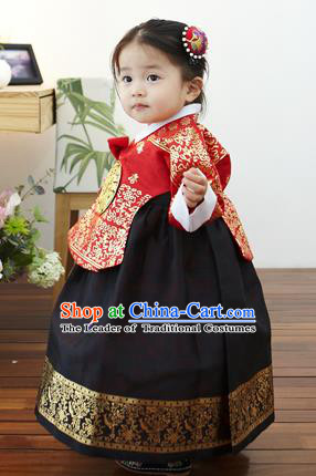 Asian Korean National Handmade Formal Occasions Clothing Embroidered Red Blouse and Black Dress Palace Hanbok Costume for Kids