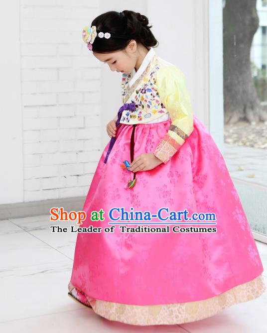 Asian Korean National Handmade Formal Occasions Wedding Bride Clothing Embroidered Yellow Blouse and Pink Dress Palace Hanbok Costume for Kids