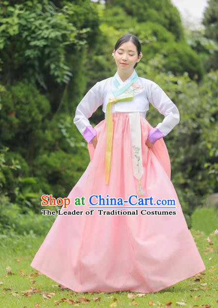 Korean National Handmade Formal Occasions Bride Clothing Hanbok Costume Embroidered Lilac Blouse and Pink Dress for Women