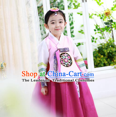 Korean National Handmade Formal Occasions Girls Hanbok Costume Embroidered Pink Blouse and Red Dress for Kids