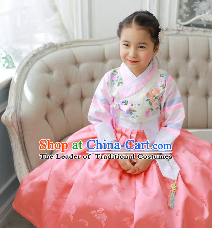Korean National Handmade Formal Occasions Girls Hanbok Costume Embroidered White Blouse and Pink Dress for Kids