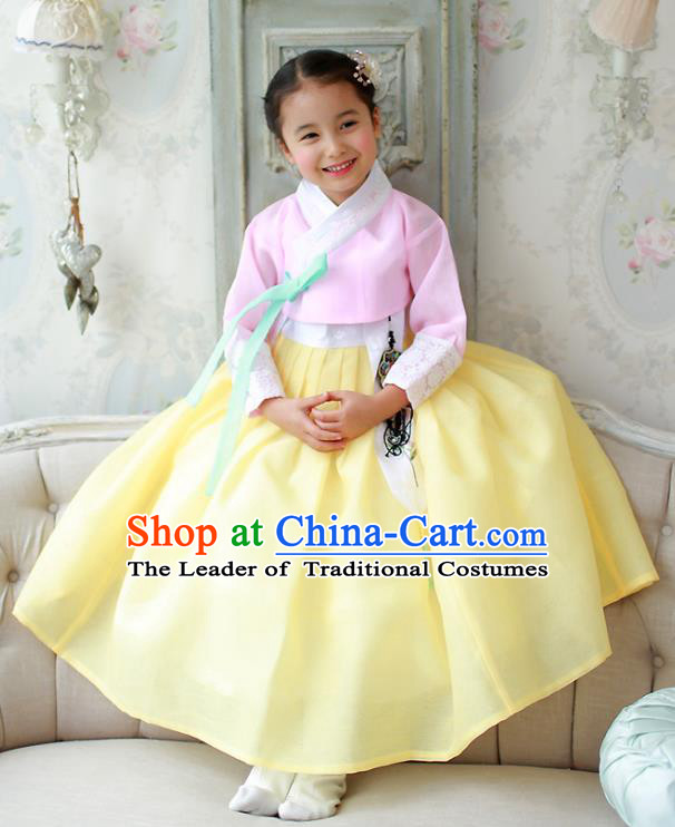 Korean National Handmade Formal Occasions Girls Hanbok Costume Embroidered Pink Blouse and Yellow Dress for Kids