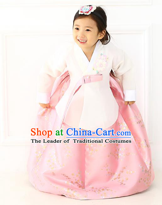 Korean National Handmade Formal Occasions Girls Hanbok Costume Embroidered White Blouse and Pink Dress for Kids