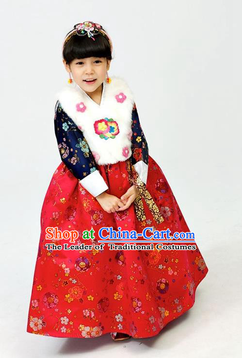 Korean National Handmade Formal Occasions Girls Hanbok Costume Embroidered White Vest and Red Dress for Kids