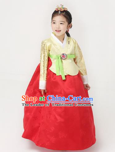 Asian Korean National Handmade Formal Occasions Wedding Girls Clothing Embroidered Yellow Blouse and Red Dress Palace Hanbok Costume for Kids