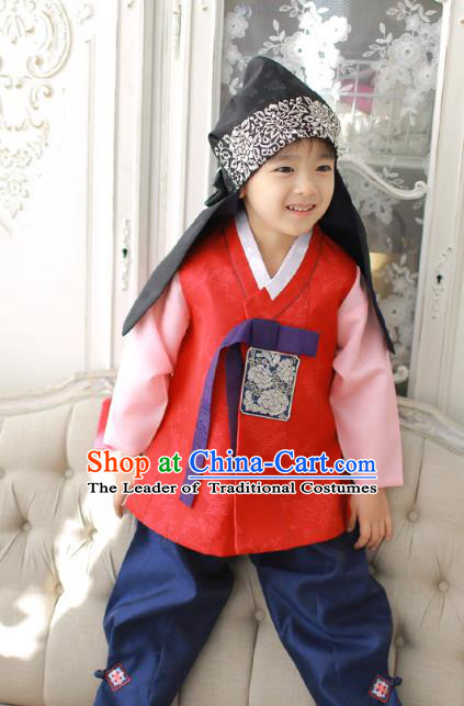 Asian Korean National Traditional Handmade Formal Occasions Boys Embroidery Red Vest Hanbok Costume Complete Set for Kids