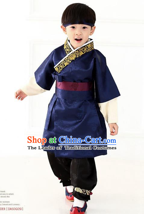 Asian Korean National Traditional Handmade Formal Occasions Boys Embroidery Deep Blue Vest Hanbok Costume Complete Set for Kids