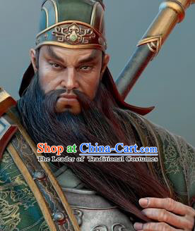 Chinese Ancient Opera Three Kingdoms Period Guan Yu Long Whiskers Mustache, Traditional Chinese Beijing Opera Old Men Full Beard for Men