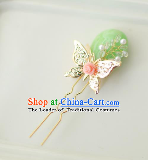 Korean National Hair Accessories Butterfly Green Hairpins, Asian Korean Hanbok Fashion Bride Wedding Hair Stick Headwear for Women