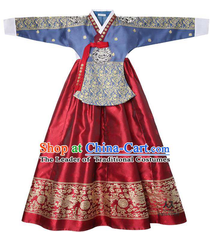 Asian Korean National Handmade Wedding Clothing Palace Bride Hanbok Costume Embroidered Blue Blouse and Red Dress for Women