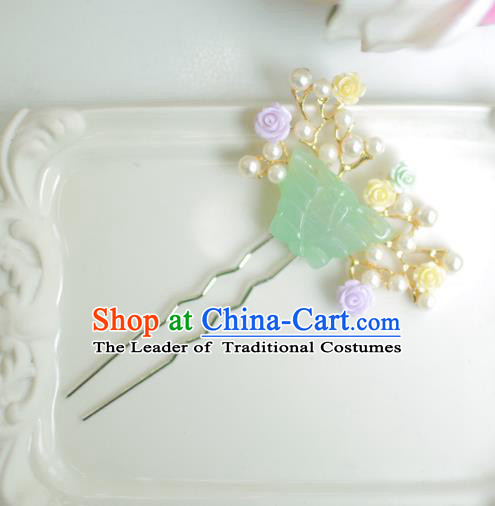 Korean National Hair Accessories Wedding Bride Jade Butterfly Hairpins, Asian Korean Hanbok Hair Stick Headwear for Kids
