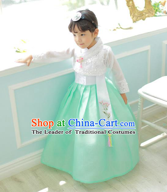 Korean National Handmade Formal Occasions Girls Clothing Palace Hanbok Costume Embroidered White Lace Blouse and Green Dress for Kids