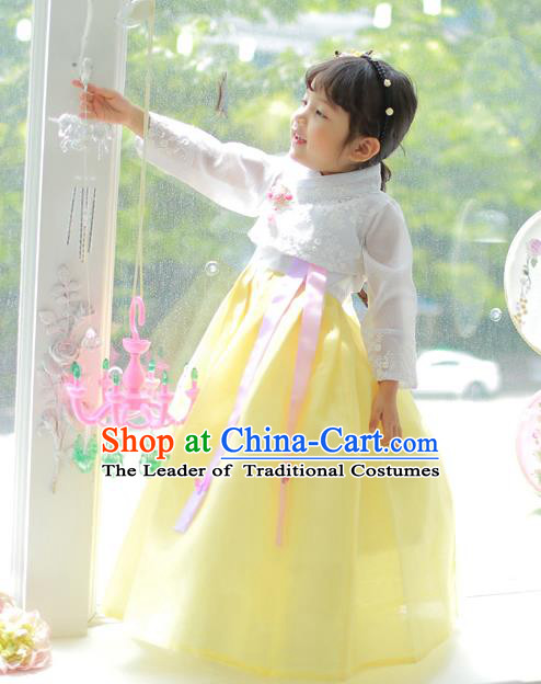 Korean National Handmade Formal Occasions Girls Clothing Palace Hanbok Costume Embroidered White Lace Blouse and Yellow Dress for Kids