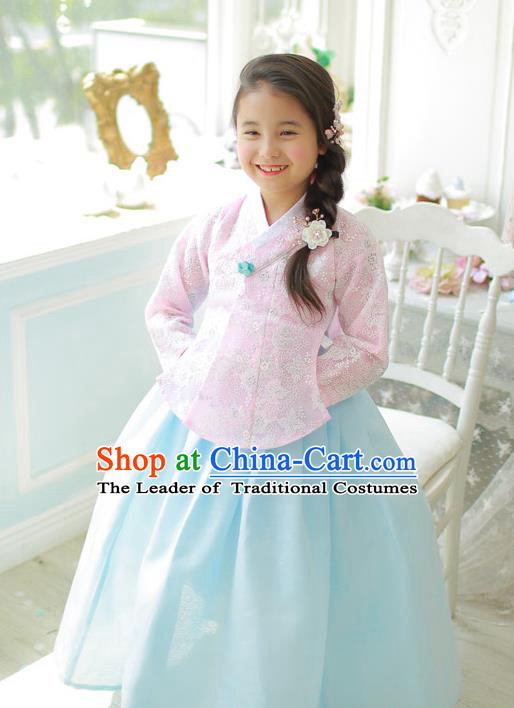 Korean National Handmade Formal Occasions Girls Clothing Palace Hanbok Costume Embroidered Pink Lace Blouse and Blue Dress for Kids