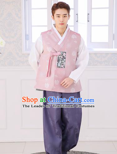 Asian Korean National Traditional Formal Occasions Wedding Bridegroom Embroidery Pink Vest Hanbok Costume Complete Set for Men