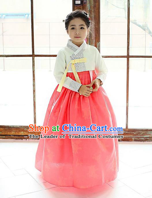 Korean National Handmade Formal Occasions Girls Clothing Palace Hanbok Costume Embroidered Beige Blouse and Pink Dress for Kids
