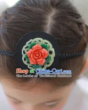 Korean National Bride Hair Accessories Red Flowers Hair Clasp, Asian Korean Hanbok Palace Headband Headwear for Kids