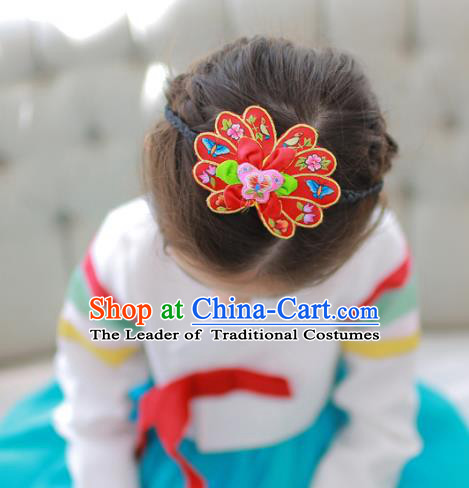 Korean National Bride Hair Accessories Embroidered Red Hair Clasp, Asian Korean Hanbok Palace Headband Headwear for Kids