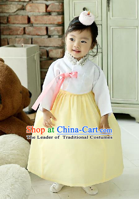 Korean National Handmade Formal Occasions Girls Clothing Palace Hanbok Costume Embroidered White Blouse and Yellow Dress for Kids
