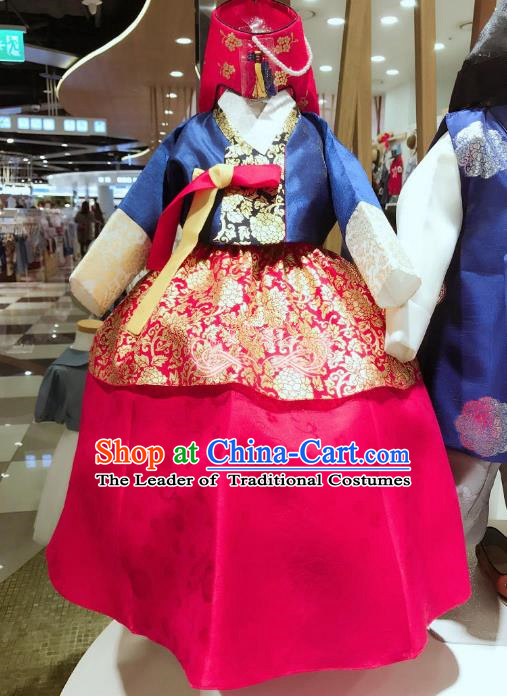 Korean National Handmade Formal Occasions Girls Clothing Palace Hanbok Costume Embroidered Blue Blouse and Red Dress for Kids