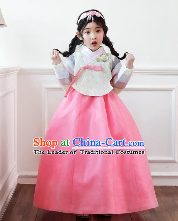 Korean National Handmade Formal Occasions Girls Clothing Palace Hanbok Costume Embroidered Beige Blouse and Pink Dress for Kids