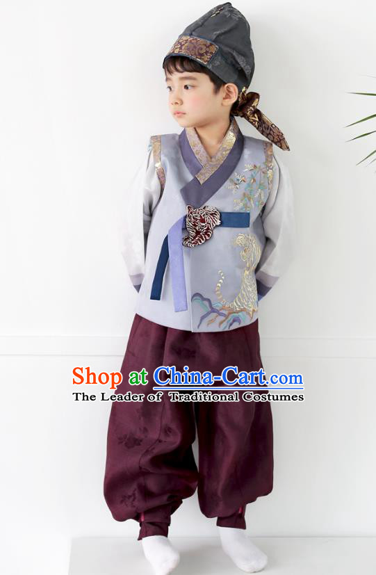 Asian Korean National Traditional Handmade Formal Occasions Boys Embroidery Grey Blue Vest Hanbok Costume Complete Set for Kids