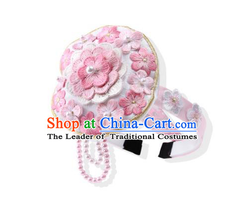 Korean National Bride Hair Accessories Embroidered Pink Hair Clasp, Asian Korean Hanbok Palace Headband Headwear for Kids
