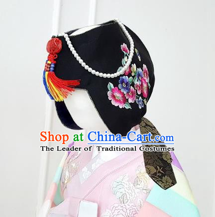 Traditional Korean Hair Accessories Embroidered Flowers Black Hats, Asian Korean Fashion Hanbok Headwear for Kids