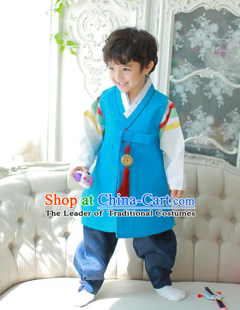 Asian Korean National Traditional Handmade Formal Occasions Boys Embroidered Blue Vest Hanbok Costume Complete Set for Kids