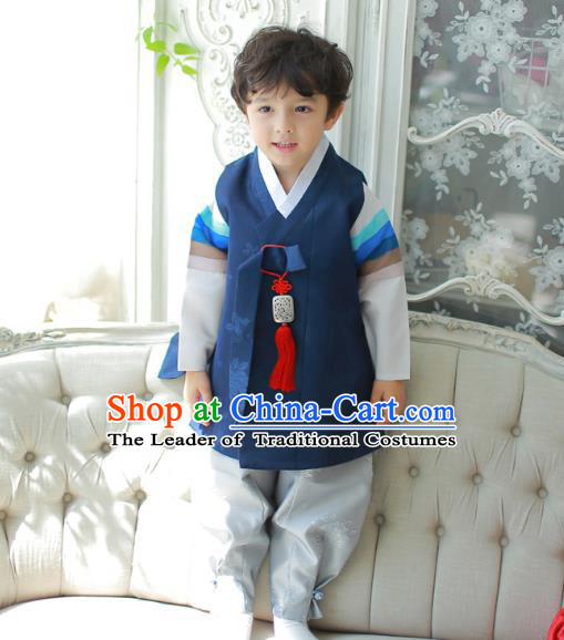 Asian Korean National Traditional Handmade Formal Occasions Boys Embroidered Deep Blue Vest Hanbok Costume Complete Set for Kids