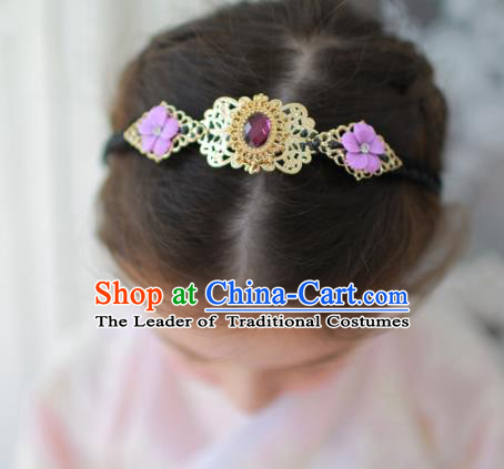 Korean National Bride Hair Accessories Purple Crystal Hair Clasp, Asian Korean Hanbok Palace Headband Headwear for Kids