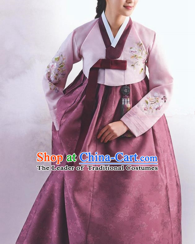 Top Grade Korean National Handmade Wedding Palace Bride Hanbok Costume Embroidered Pink Blouse and Wine Red Dress for Women