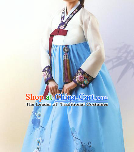 Top Grade Korean National Handmade Wedding Palace Bride Hanbok Costume Embroidered White Blouse and Blue Dress for Women