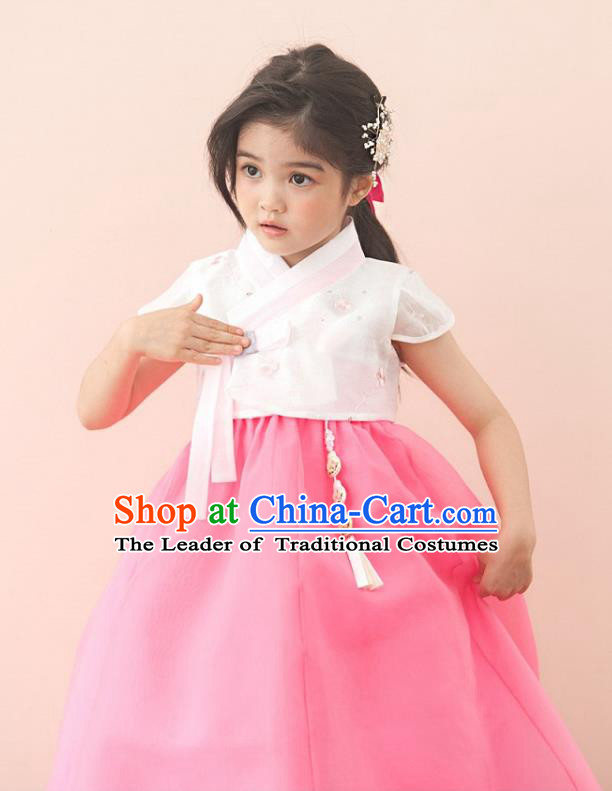 Traditional Korean National Handmade Formal Occasions Girls Palace Hanbok Costume Embroidered White Blouse and Pink Dress for Kids