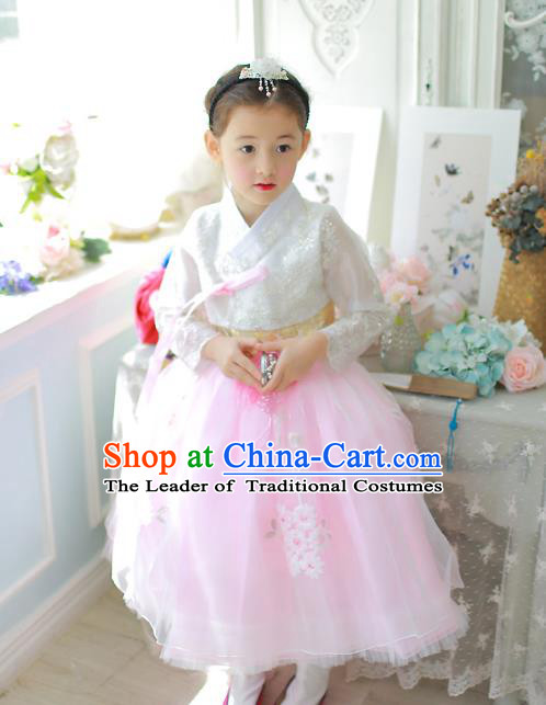Traditional Korean National Handmade Formal Occasions Girls Palace Hanbok Costume Embroidered White Lace Blouse and Pink Dress for Kids