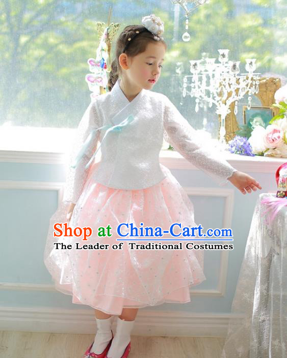 Traditional Korean National Handmade Formal Occasions Girls Palace Hanbok Costume Embroidered White Lace Blouse and Orange Dress for Kids
