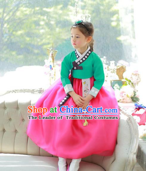 Traditional Korean National Handmade Formal Occasions Girls Palace Hanbok Costume Embroidered Green Blouse and Rosy Dress for Kids