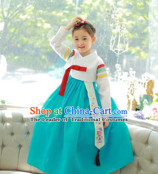 Traditional Korean National Handmade Formal Occasions Girls Palace Hanbok Costume Embroidered White Blouse and Green Dress for Kids