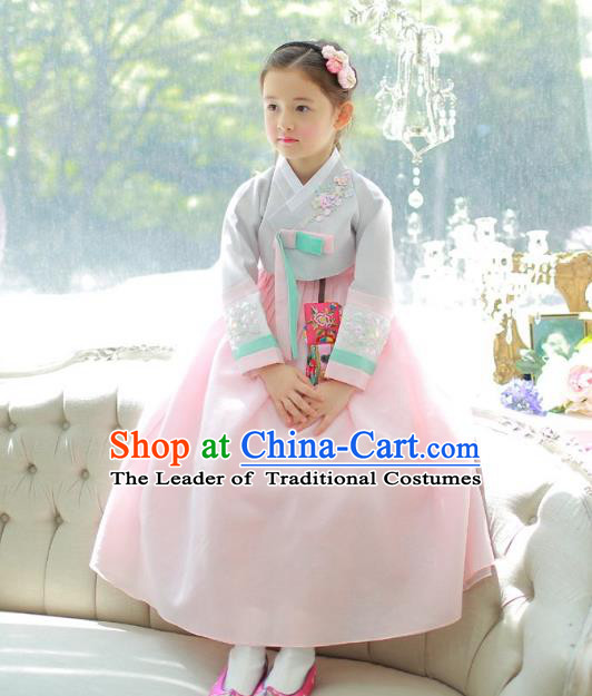 Traditional Korean National Handmade Formal Occasions Girls Palace Hanbok Costume Embroidered Grey Blouse and Pink Dress for Kids