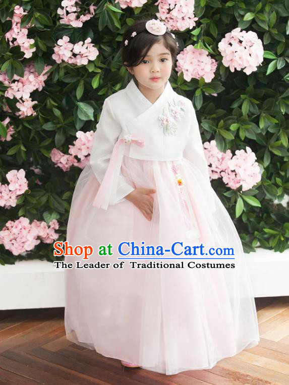 Traditional Korean National Handmade Formal Occasions Girls Palace Hanbok Costume Embroidered White Blouse and Pink Veil Dress for Kids
