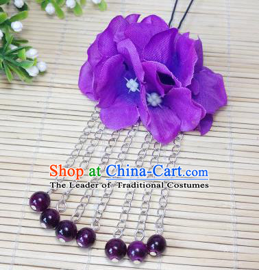 Traditional Chinese Ancient Classical Hair Accessories Deep Purple Flowers Beads Tassel Step Shake Bride Hairpins for Women