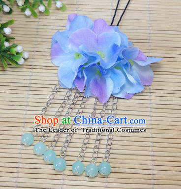 Traditional Chinese Ancient Classical Hair Accessories Light Blue Flowers Beads Tassel Step Shake Bride Hairpins for Women