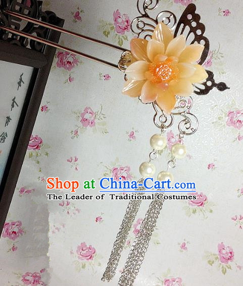 Traditional Chinese Ancient Classical Hair Accessories Hanfu Yellow Flower Hair Clip Tassel Step Shake Bride Hairpins for Women